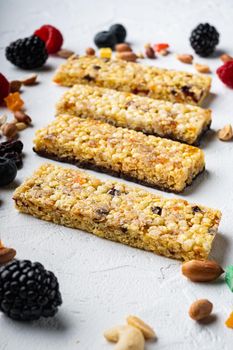 Fruit berry, nut energy bars. Healthy snack, on white background