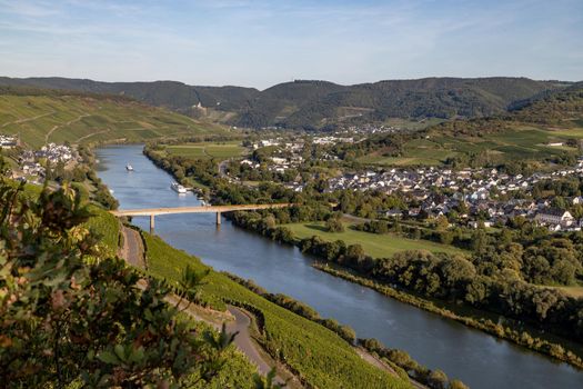 Panoramic view of the Moselle valley with the wine village Mülheim in the background on a sunny autumn day