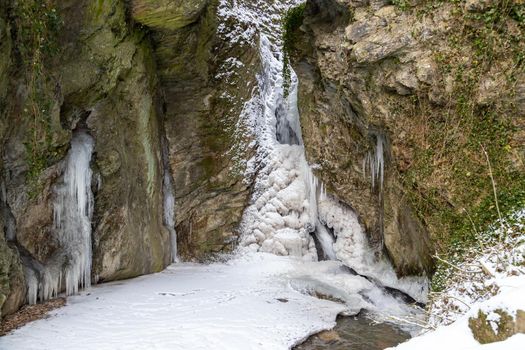 Ice structures, icicles at the Tiefenbach waterfall in Bernkastel-Kues on the Moselle