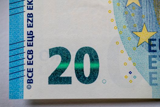 the detail 20 euro banknote on a white background