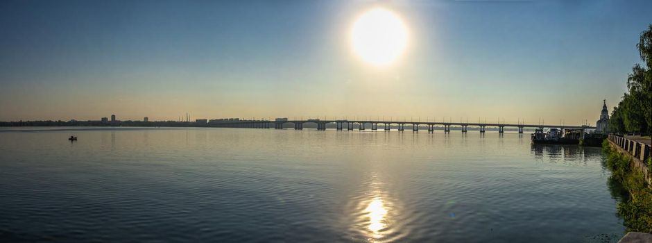 Dnipro, Ukraine 07.18.2020. Big size panoramic view of the Dnieper river and  embankment of Dnipro in Ukraine on a sunny summer morning