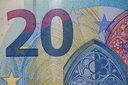 the detail 20 euro banknote on a white background