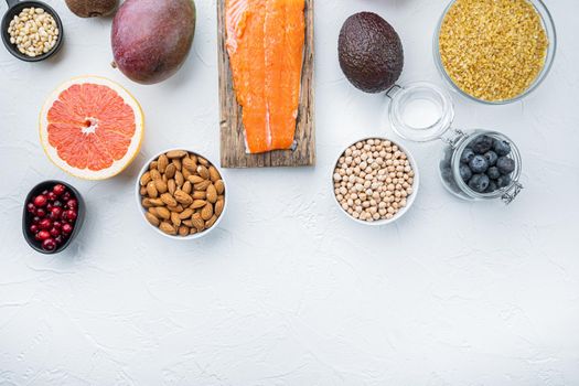 Healthy products with immunity boosters, flat lay with space for text, on white background.