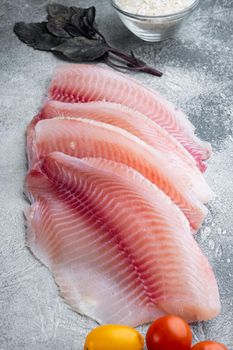 White fish fillet, with basmati rice and cherry tomatoes ingredients, on gray background