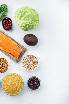 Healthy diet eating and meal planning, flat lay with space for text, on white background.