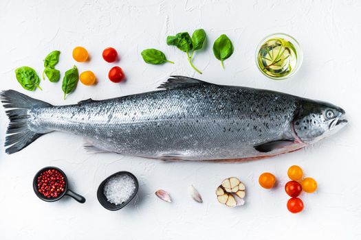 Fresh raw trout red fish on white background, flat lay.