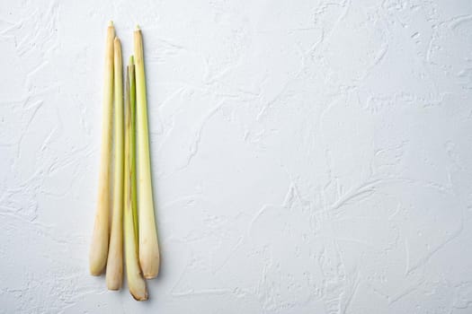 Stick of fresh lemongrass, on white textured background, top view with space for text