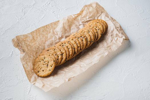 Crackers with flax seed set, on white background