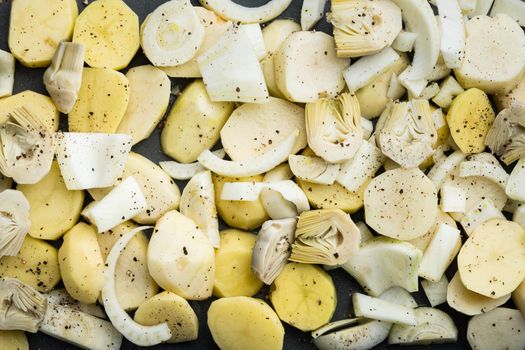 Potato and artichoke with fennel for baking raw ingredients, top view