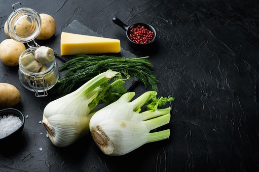 Fennel and artichoke with parmesan raw ingredient, on black textured background with space for text