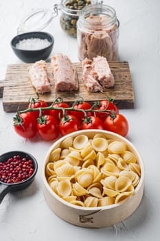 Carlofortina pasta with tuna ingredient, on white background