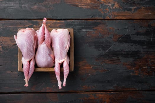 Raw uncooked quails set, top view, on dark wooden background with copy space
