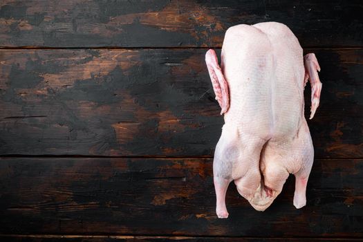 Raw free range goose meat on dark wooden background, top view, with space for text.