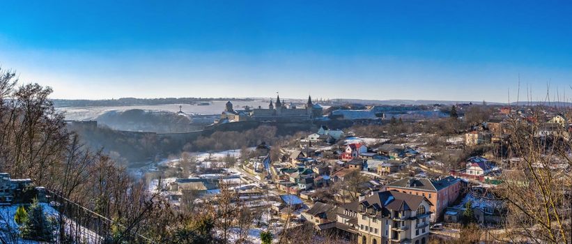 Kamianets-Podilskyi, Ukraine 01.07.2020. Panoramic view of the Kamianets-Podilskyi fortress on a sunny winter morning