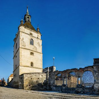 Kamianets-Podilskyi, Ukraine 01.07.2020. Bell tower of St. Stepanos in Kamianets-Podilskyi historical centre on a sunny winter morning