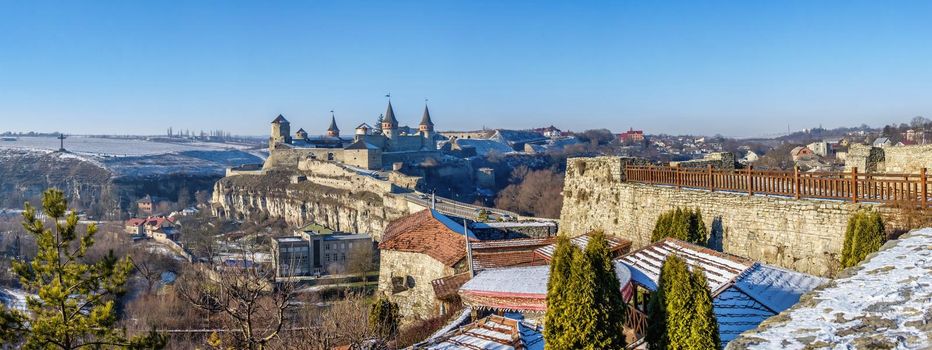 Kamianets-Podilskyi, Ukraine 01.07.2020. Panoramic view of the Kamianets-Podilskyi fortress on a sunny winter morning