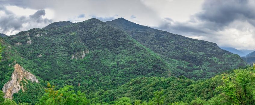 Asenovgrad, Bulgaria 24.07.2019. Bulgarian Rhodope mountain view from the side of the Asens Fortress on a cloudy summer day