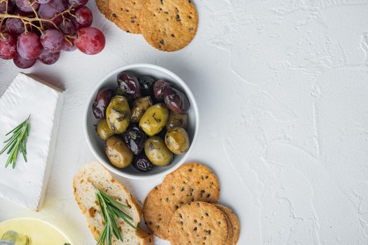 Spain olives fresh, on white background, flat lay with copy space for text