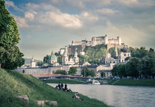 Idyllic panoramic city landscape of Salzburg in Summer