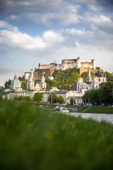 Idyllic panoramic city landscape of Salzburg in Summer