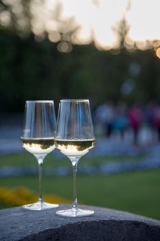 Glass of white wine on a stone wall in the formal garden. Enjoying it in the own garden in the evening sun.