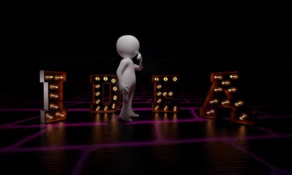 3d man in front of idea text with lightbulbs at the dark background - 3d rendering