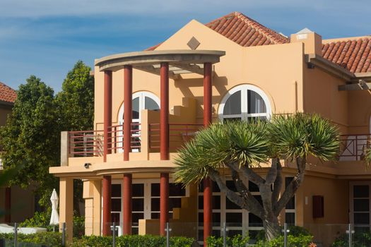 View of holiday apartment complex with swimming pool in Meloneras, Gran Canaria in Spain.