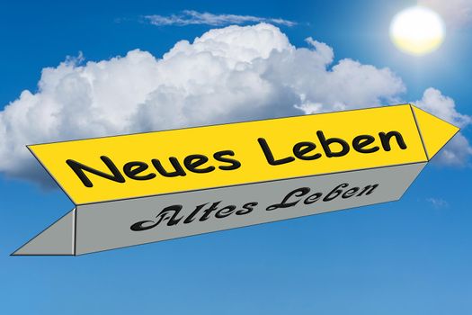 Street sign lettering in german - new against old life in front of cloud background and Sun