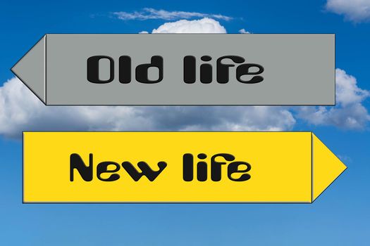 Street sign caption in English - new against old life in front of cloud background 