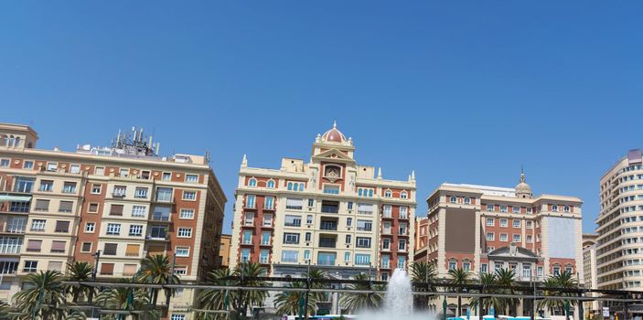 Fountain and Plaza de la Marina, Málaga, Andalusia, Spain, Europe