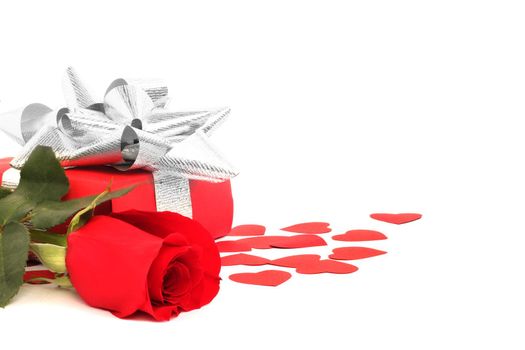 Rose, gift and hearts isolated on white background, Valentines day concept