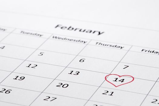 February 14 on the calendar, Valentine's day, red heart on date