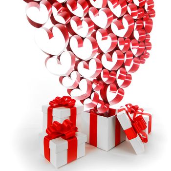 White boxes with red ribbons and decorative hearts isolated on white background, Valentine day