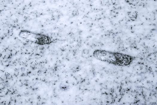 Footsteps of male shoes in fresh white snow in winter.