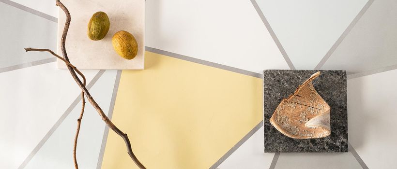 Boho style modern minimal home workspace. Flat lay, top view, copy space