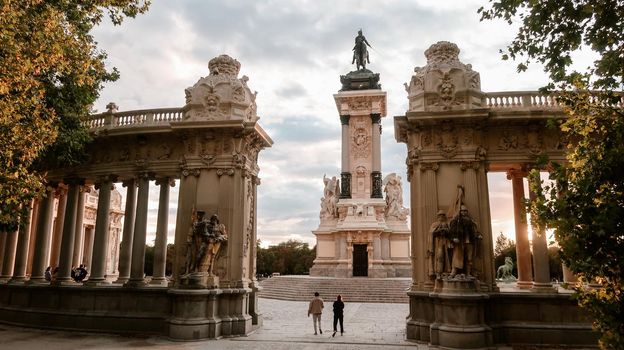 King Alfonso XII monument at El Retiro Park, Madrid during sunset. Iconic Park in the capital city of Spain.