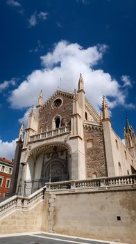 Low angle view of San Jeronimo el Real Cathedral in Madrid, Spain. Front view of Cathedral during a cloudy day