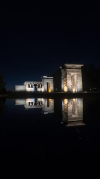 Sideview of Temple of Debod at night, Madrid, Spain