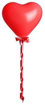 Red heart as air balloon with tied bow and curly silk isolated on white background Valentine day gift
