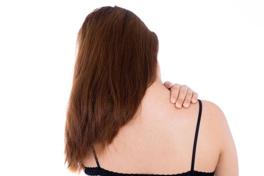 Woman suffering from neck and shoulder pain isolated white background. Health care and medical concept.