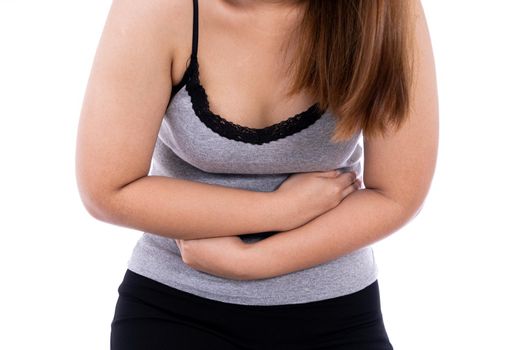 Woman suffering from stomach pain and injury isolated white background. Health care and medical concept.