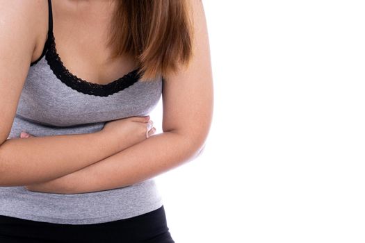 Woman suffering from stomach pain and injury isolated white background. Health care and medical concept.