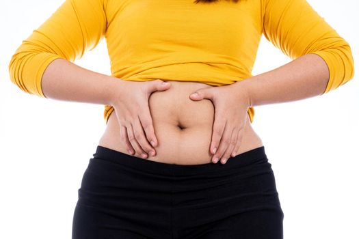 Fat woman holding excessive fat belly, overweight fatty belly isolated white background. Diet lifestyle, weight loss, stomach muscle, healthy concept.