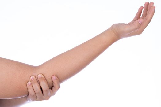 Woman hand holding her elbow isolated white background. Medical, healthcare for advertising concept.