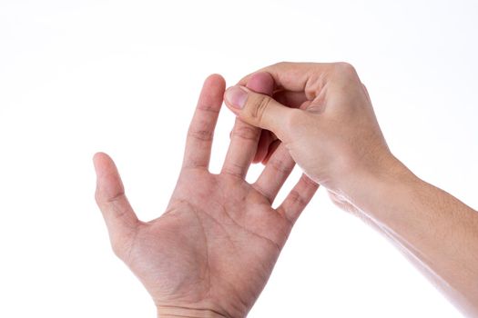 Man hand massaging his fingers isolated white background. Medical, healthcare for advertising concept.