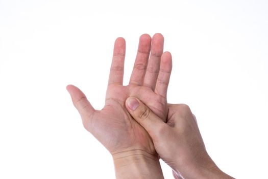 Man hand massaging his hand isolated white background. Medical, healthcare for advertising concept.