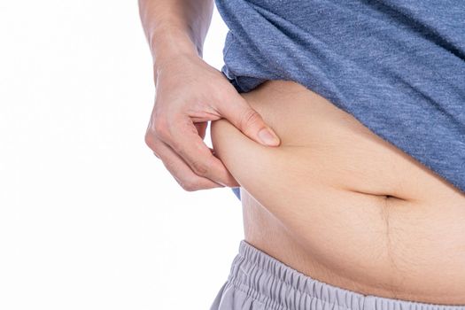 Fat man holding excessive fat belly, overweight fatty belly isolated white background. Diet lifestyle, weight loss, stomach muscle, healthy concept.