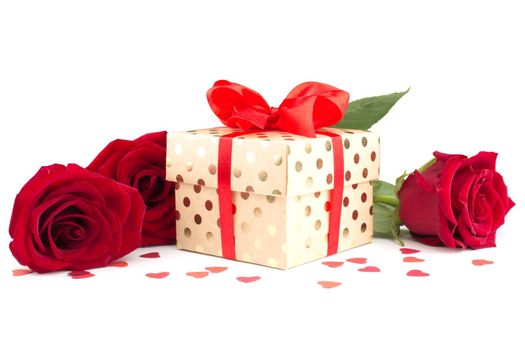 Valentine day gift box with red silk ribbon bow rose flowers and hearts isolated on white background love concept