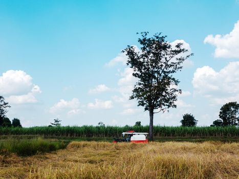 The combine harvester is doing agricultural work in the fields.