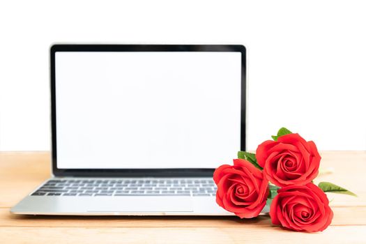 Red rose and laptop mockup on white background, Valentine concept